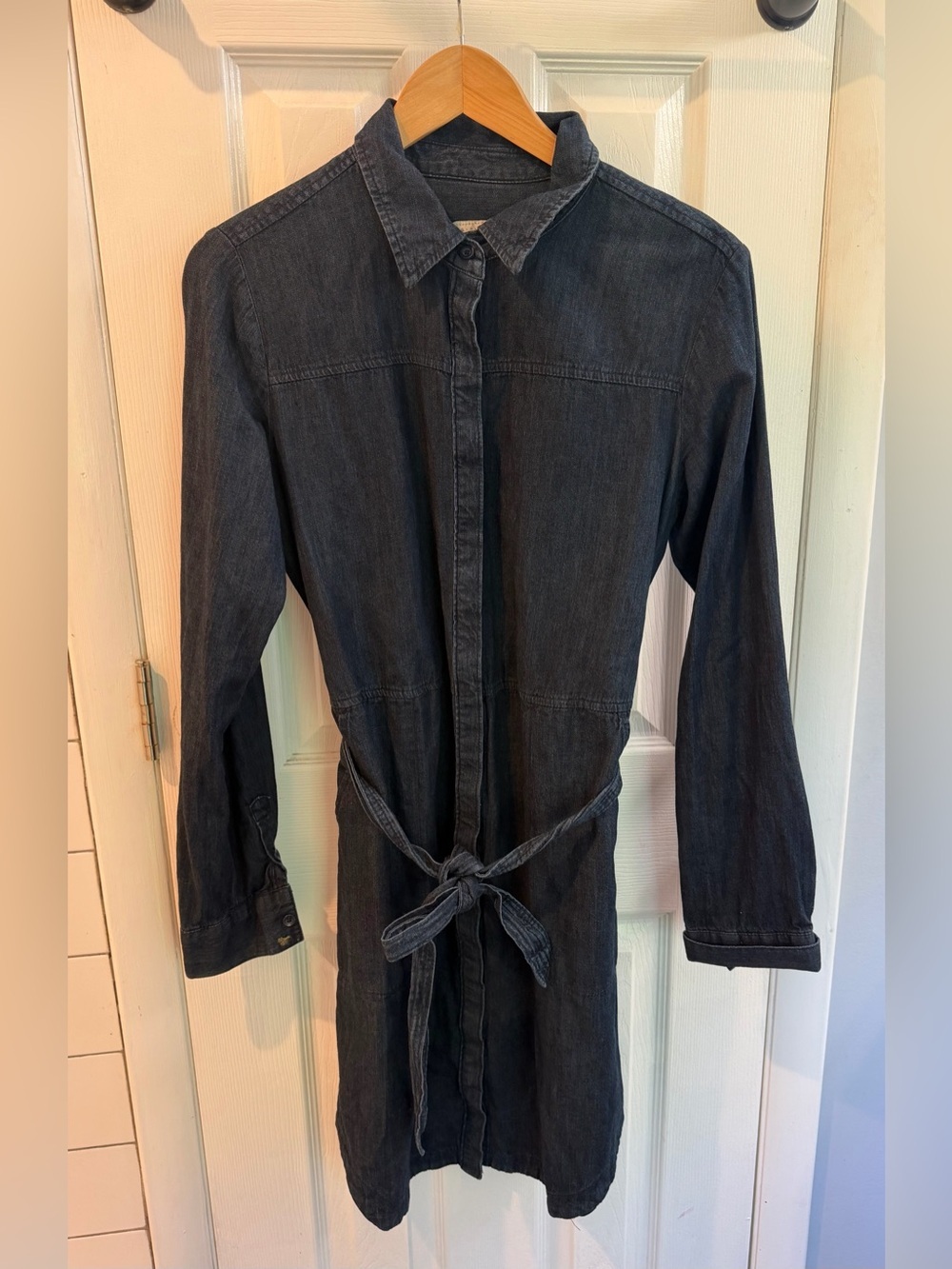 Dark Denim Button-Down Shirt Dress with Waist Tie, Size Medium